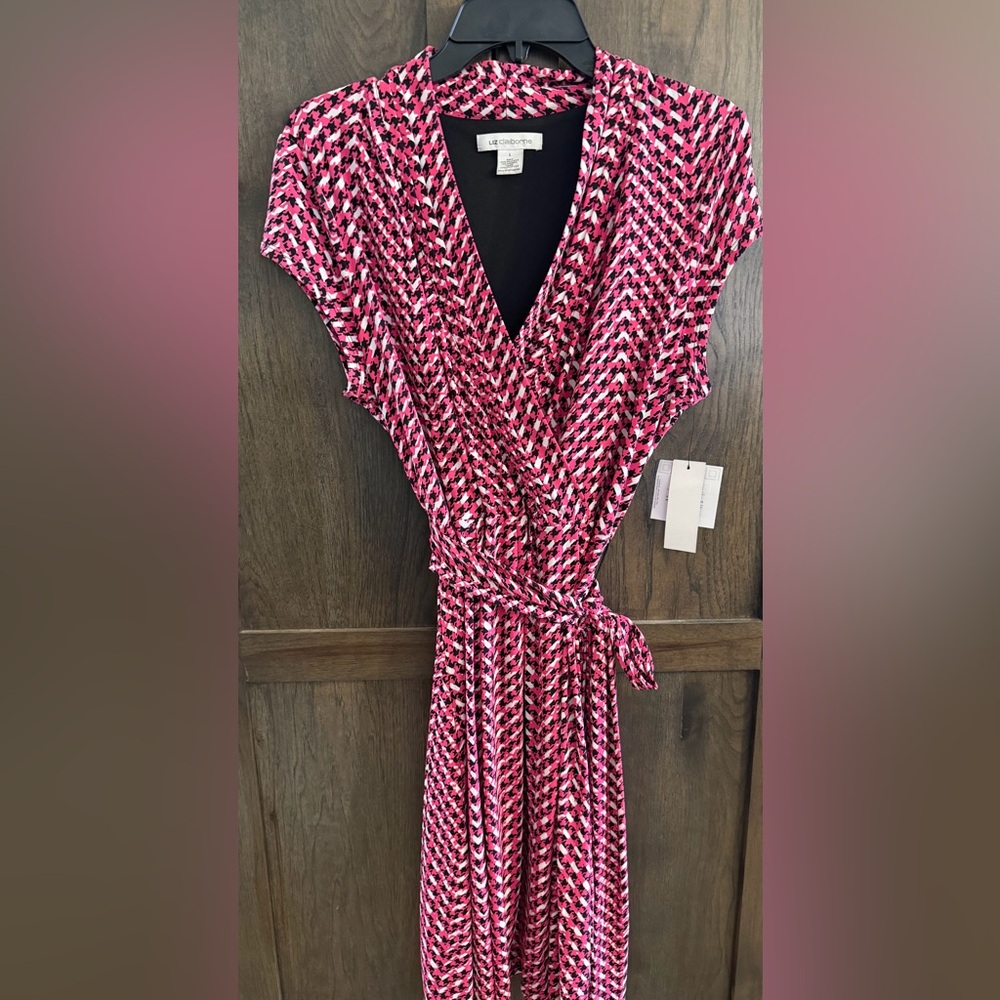 NWT Liz Claiborne Leota Pink and Black Geometric Midi Dress